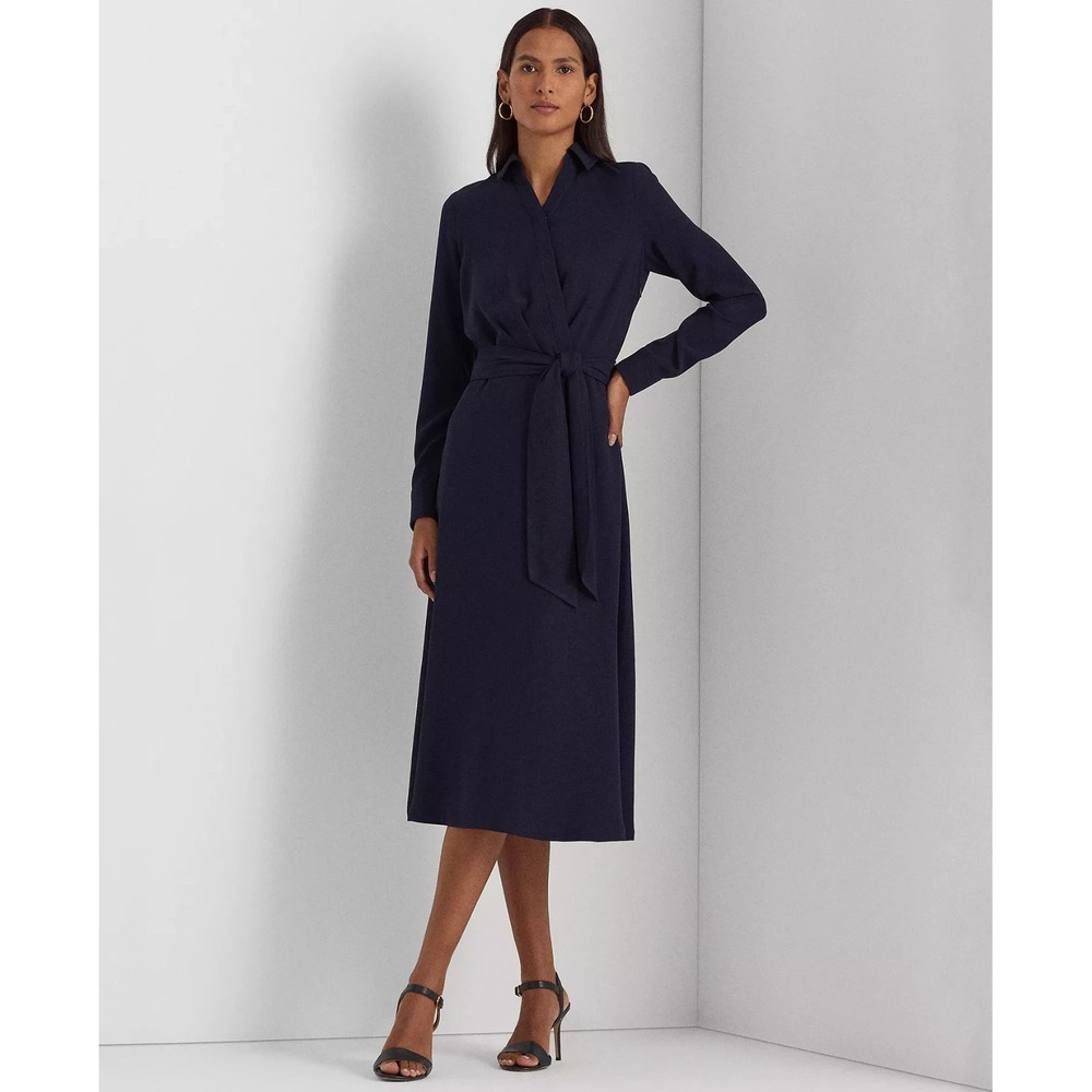 Lauren Ralph Lauren Belt‎ Long Sleeve Surplice Georgette Midi Dress Navy Size 10